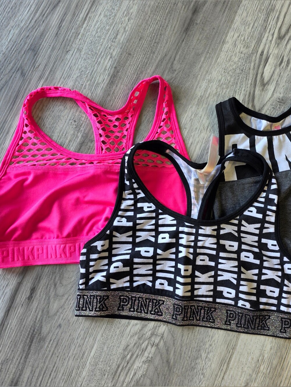 Lot 3 Victoria’s Secret PINK Sports Bras Medium Racerback Mesh Logo Athletic